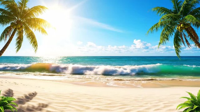 Tropical beach with palms, sand, sea, and blue sky in summer time