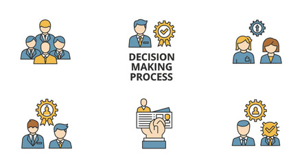 Vector icons depicting business concepts like team management, decision making, and human resources.