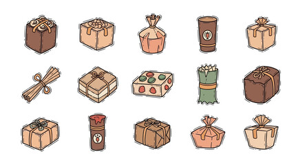 A collection of various hand-drawn illustrations depicting different types of wrapped gifts and packages, showcasing diverse shapes and tying methods.