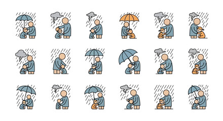 Collection of simple line art icons depicting a person caring for a dog in rainy weather, highlighting companionship and protection.