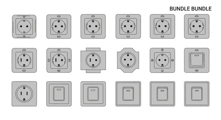 A collection of various electrical power outlets and light switches in a grey icon style.