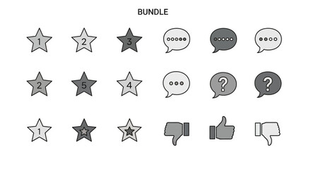 Bundle of rating and feedback icons including stars, speech bubbles, and thumbs up/down for user reviews and communication.