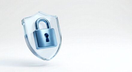 3D Render of Metallic Blue Padlock Protected by Glass Shield on White Background