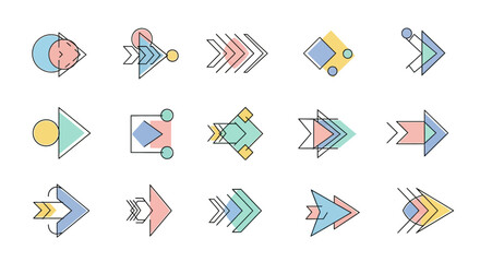 A collection of modern abstract geometric arrow icons in pastel colors with thin outlines, pointing right.