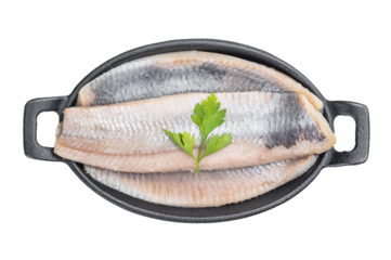 Pickled herring fillets cured in salt and brine arranged in iron pan. Minimal white background traditional seafood ingredient.