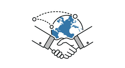 Iconic representation of global business partnership and international collaboration with a handshake and connected world map.