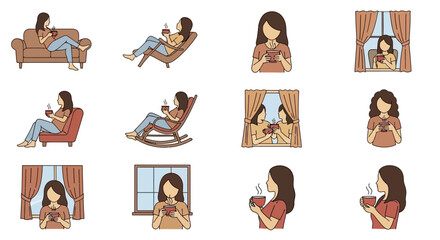 Illustrations of a woman relaxing at home, enjoying a warm drink in various comfortable settings like a sofa, chair, and by the window, depicting leisure.