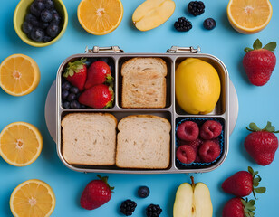 healthy breakfast with bread, Wholesome lunchtime concept portrayed from a top-down view. The lunchbox holds nutritious sandwiches, fruits, nuts and berries on blue isolated background, offering copie
