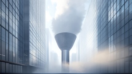 Modern city street with fog and industrial smokestack.