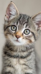 Obraz premium cute kitten portrait with big round eyes, soft studio lighting, minimal pastel background, vertical composition