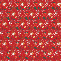 Festive Christmas Pattern With Snowmen, Ornaments, Candy Canes, And Holly On Red Background