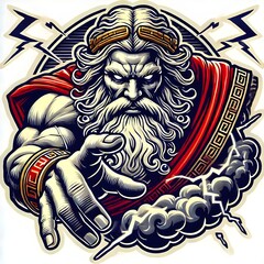 Menacing Zeus 3D style sticker on white background. High-quality graphic of Greek god Neptune with trident. Digital manual artwork, tattoo idea, and design print.