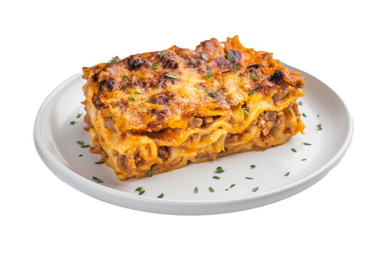 Italian lasagne al forno with minced beef cheese and pasta layers baked until golden close up on white plate