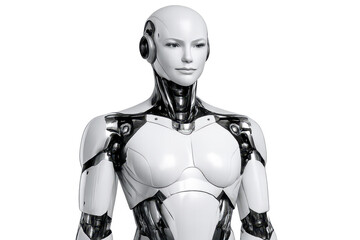Female android robot posing, isolated transparent background illustration