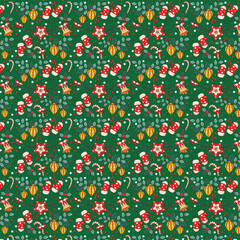 Festive Christmas Pattern With Mittens, Candy Cane, Ornaments, On Green Background