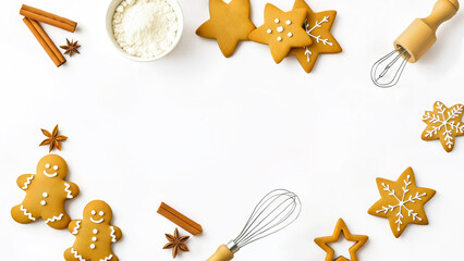 Christmas baking flat lay frame with gingerbread cookies, cinnamon sticks, star anise, powdered sugar, kitchen utensils around clean white background. Christmas recipes, seasonal baking concepts