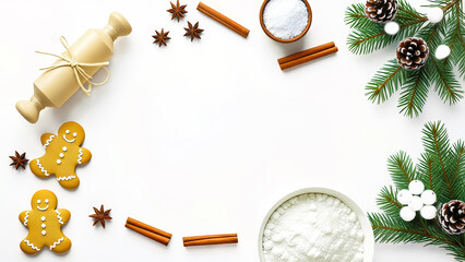 Christmas flat lay frame with gingerbread cookies, fir tree branches, cinnamon sticks, star anise, pine cones, powdered sugar, festive decorations arranged around white background with copy space