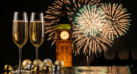 Two full champagne flutes, ornament and firework display against a night sky. Celebration of a special date or holiday, like New Year, achievement