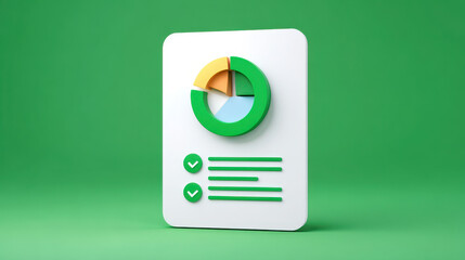 Green pie chart financial planning document with checklist and progress concept, circular chart with three segments and two completed items, modern flat 3d illustration evoking organization