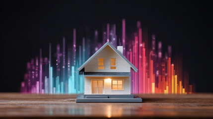 Miniature house model with warm interior light and colorful vertical data bars rising behind it in dynamic neon gradient, conveying smart home technology and energetic digital atmosphere