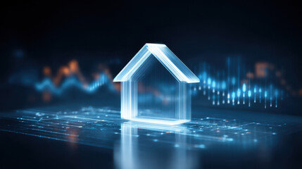 Holographic house digital home futuristic real estate technology concept data visualization blue light smart building virtual model architecture innovation projection glowing outline transparent