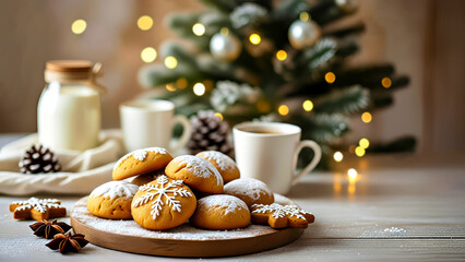 Festive Christmas cookies decorated with icing snowflakes on wooden plate, served with cup of coffee and milk. Cozy winter holiday scene, ideal for seasonal food, celebration, lifestyle concepts