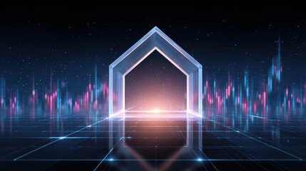 Futuristic glass house frame glowing on reflective grid floor with neon data waveforms and starry sky, ambient light creating warm glow and high tech atmosphere