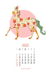August 2026 monthly calendar template featuring a cheerful horse character decorated with a vibrant red apple and green leaf fruit pattern. Vector illustration
