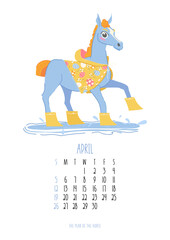 April 2026 monthly calendar template featuring a cheerful blue horse mascot running through spring rain puddles in a decorative yellow Easter raincoat.. Week starts on Sunday. Vector illustration