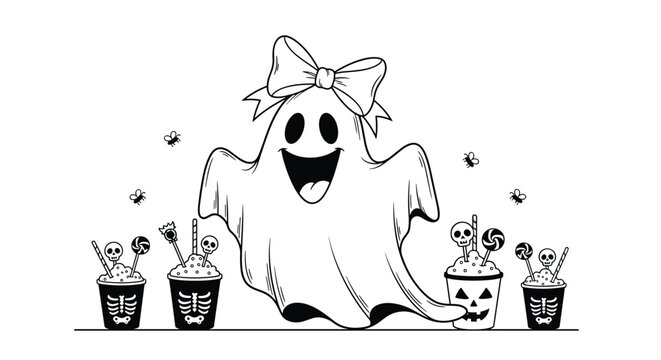 A cute and happy girl ghost with a big bow enjoying some spooky Halloween cocktails, in a black and white outline for coloring.