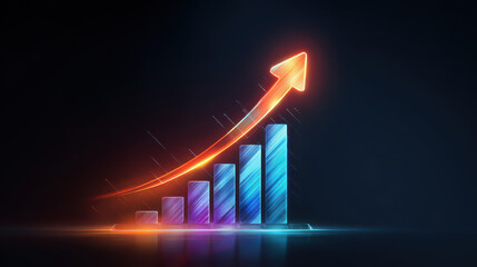 Glowing holographic bar chart with ascending orange arrow indicating growth and futuristic neon light effect, dramatic contrast and reflective surface