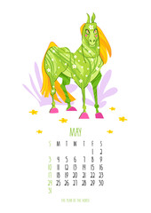 May 2026 monthly calendar template featuring a whimsical green horse mascot with a white floral pattern and bright orange mane in a blooming spring garden