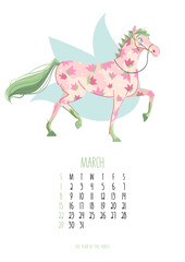 March 2026 monthly calendar template featuring a beautiful pink horse mascot decorated with a spring tulip floral pattern. Week starts on Sunday. Vector illustration flat cartoon style