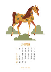 September 2026 monthly calendar template featuring an elegant brown horse mascot decorated with a green leaf and star pattern in a stylized garden setting. Vector illustration