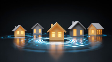 Glowing house real estate market diagram glowing data network home concept with digital rings and illuminated window