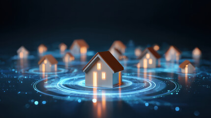 Glowing real estate market diagram digital house network, property connection, illuminated smart home, neighborhood data visualization, blue tech ring