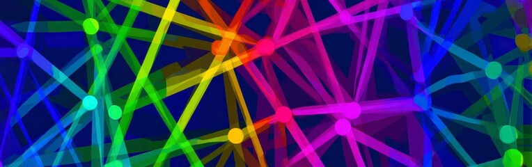 Digital Rainbow: A vibrant and intricate network of interconnected lines and nodes, painted with the full spectrum of colors, forming a visually stunning and dynamic pattern.