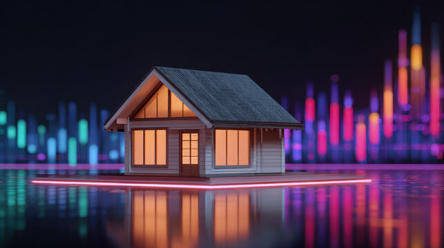 Modern glass house model on glowing investment graph with neon reflection and warm interior light, futuristic real estate concept blending miniature architecture and financial data visualization - Powered by Adobe