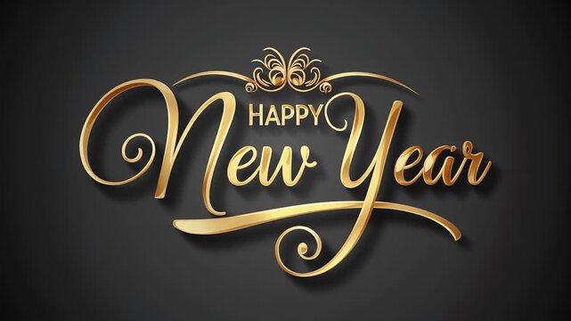Elegant golden Happy New Year greeting text design on a sophisticated dark background, perfect for festive holiday celebrations and seasonal wishes with shimmering typography