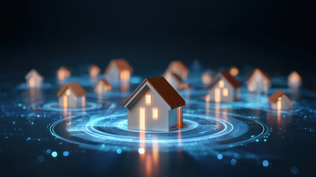 Glowing real estate market diagram digital house network, property connection, illuminated smart home, neighborhood data visualization, blue tech ring - Powered by Adobe