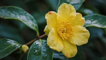 A close-up of a vibrant yellow flower with dew-covered green leaves in a natural setting