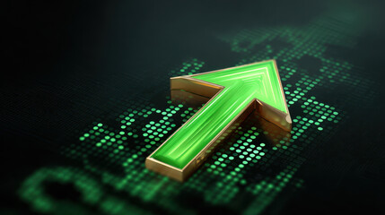 Green arrow on futuristic stock ticker interface glowing over digital map, upward growth concept with neon light and metallic edge conveying positive market momentum