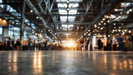 Obraz premium Blurred scene of an indoor market fair bustling with people, illuminated by rows of lights, creating a warm and inviting atmosphere.