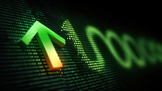 Green arrow on futuristic stock ticker interface glowing over digital data grid, symbol of market growth and financial technology optimism - Powered by Adobe