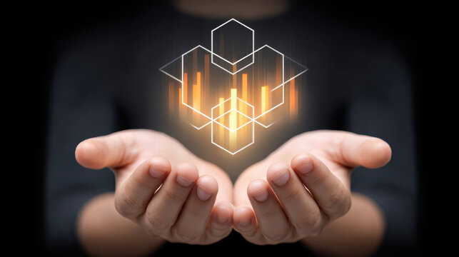 Hands holding glowing geometric shapes and orange data bars, conveying innovation, digital analytics, technology and insight in dark minimalist setting - Powered by Adobe