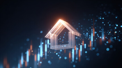 Crystal house icon morphing into glowing crystal structure over digital financial chart, futuristic real estate technology concept blending data visualization and abstract light particles