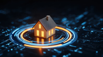 Cozy house model surrounded by glowing digital rings representing smart home network and investment ecosystem, warm light and futuristic circuit board atmosphere