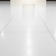 Bright, clean, and highly reflective white tiled floor with subtle grout lines and a glossy finish.