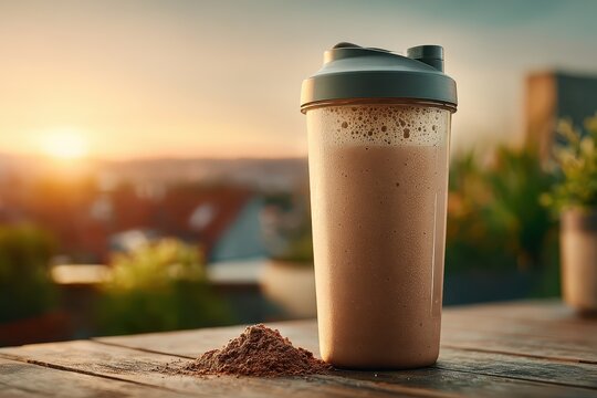 Chocolate Protein Shake in Shaker on Wooden Table at Sunset