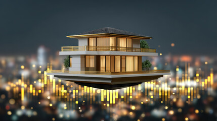 Luxury house miniature hovering over financial graph lights at night, modern floating house with warm windows and rooftop garden, futuristic real estate concept blending architecture and finance